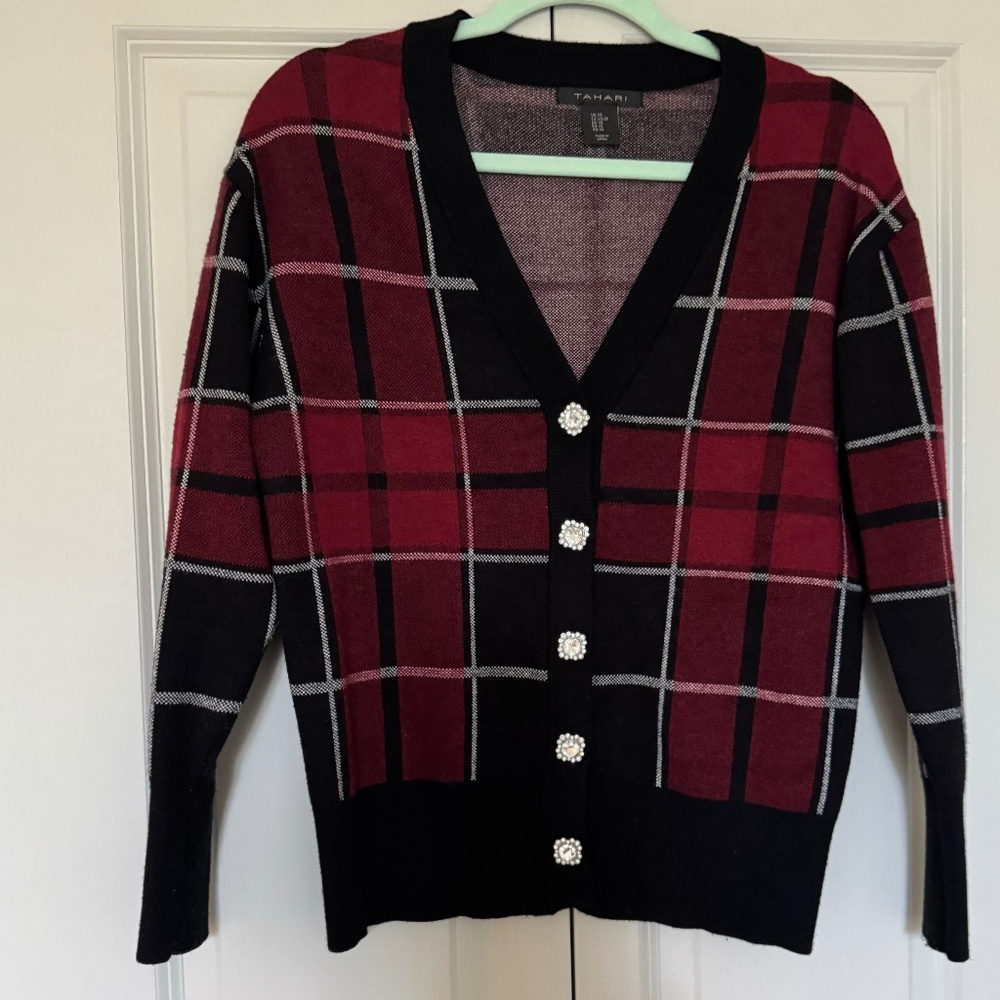 Tahari Red Black Plaid V-Neck Cardigan Sweater Rhinestone Buttons Women's  XS